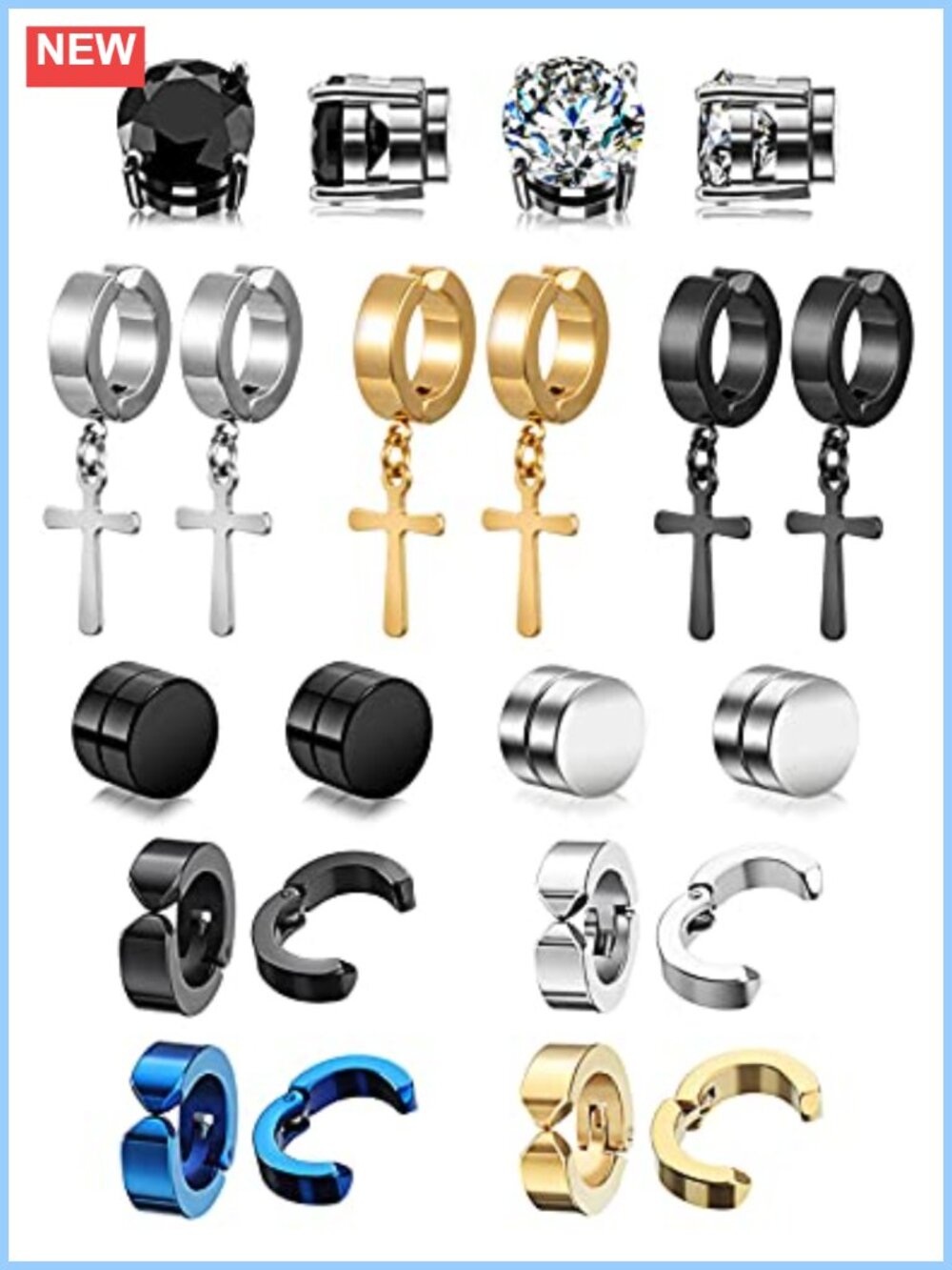 11 Pairs Non-Pierced Earrings Set Titanium Steel Cross Hoop Clip On Men Women